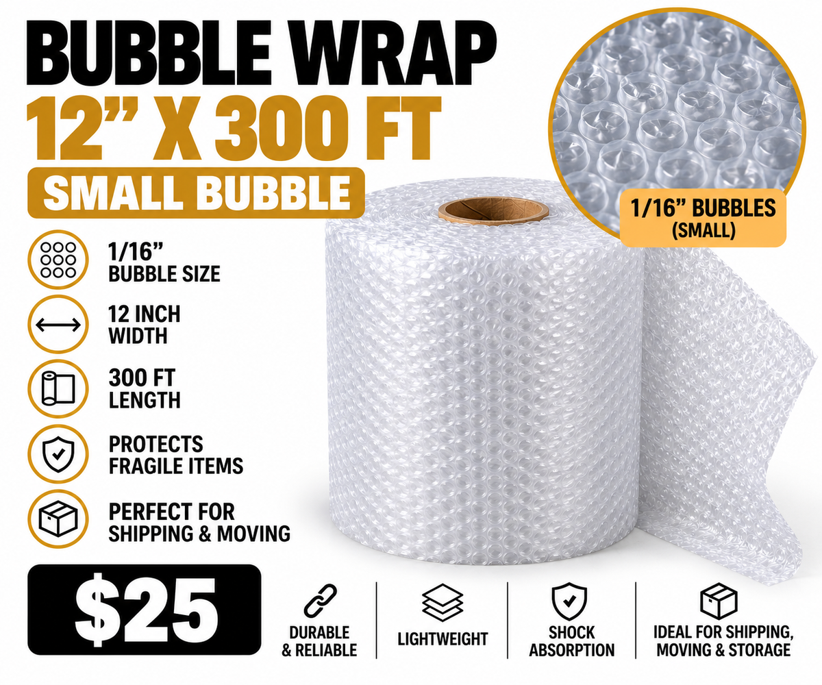 Bubble Wrap Roll 12" x 300 FT – 1/16" Small Bubble