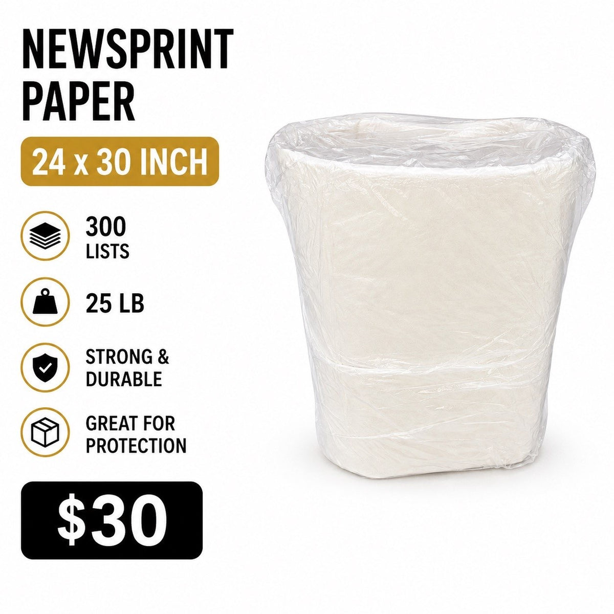 Newsprint Packing Paper 24" x 30" – 300 Sheets | 25 LB