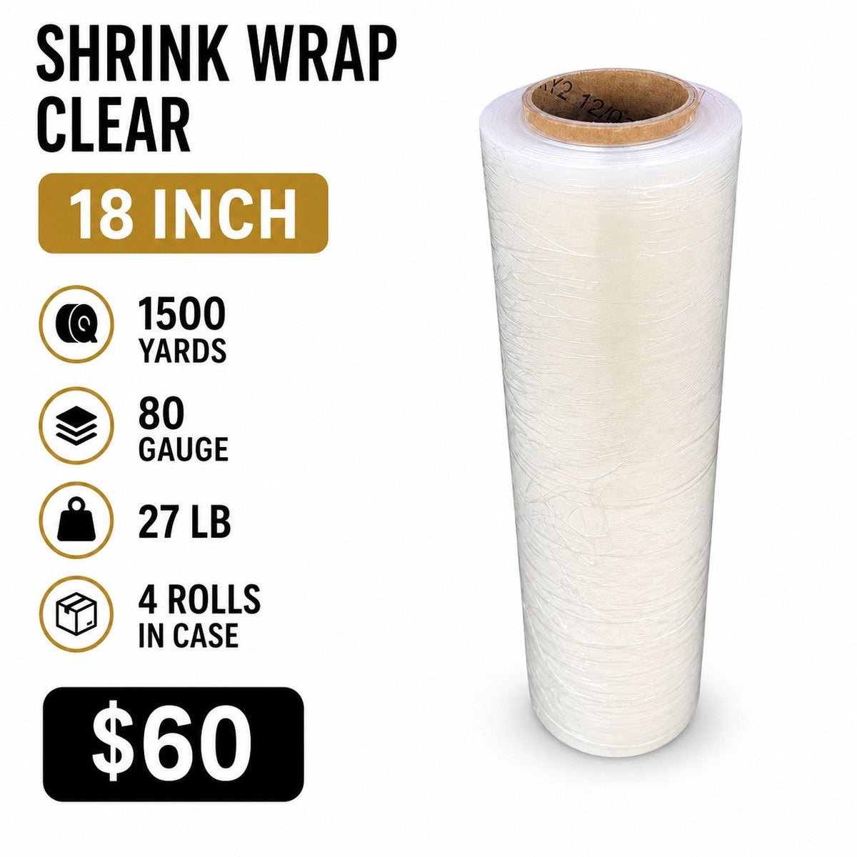 Stretch Wrap 18" x 1500 FT – 80 Gauge | 4 Rolls/Case